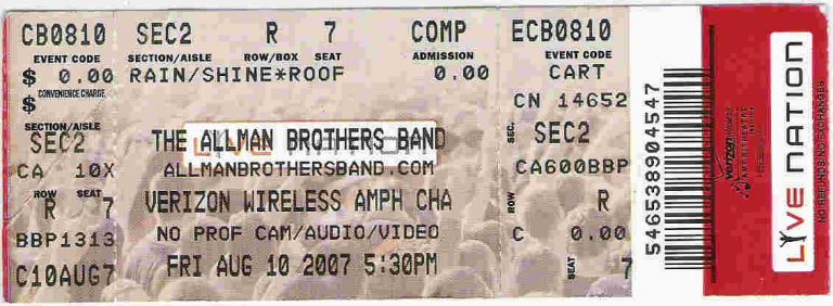 Ticket, August 10, 2007, Verizon Wireless Amphitheatre