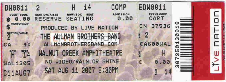 Ticket, August 11, 2007, Walnut Creek Amphitheatre